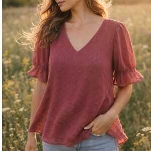 Reb & J 220 Blush Swiss Dot Blouse V Neck Puff Sleeve Romantic Cottagecore Large